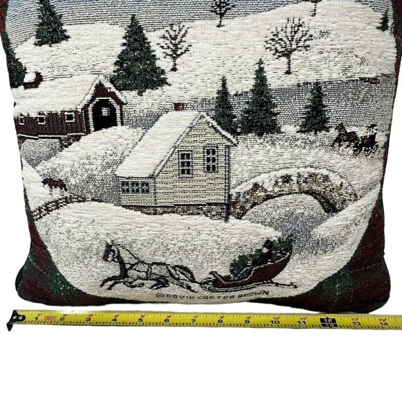 Tapestry Pillow Victorian Sleigh Ride David Carter Brown Snow Scene Plaid Trim - Picture 6 of 7